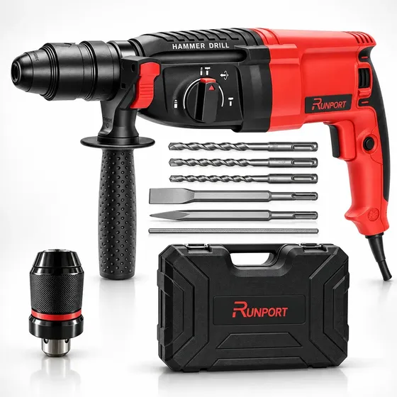 Martelete Perfurador Rompedor Profissional Runport SDS Plus 1300W 26mm 3,2J 3 Funções com Maleta e Acessórios