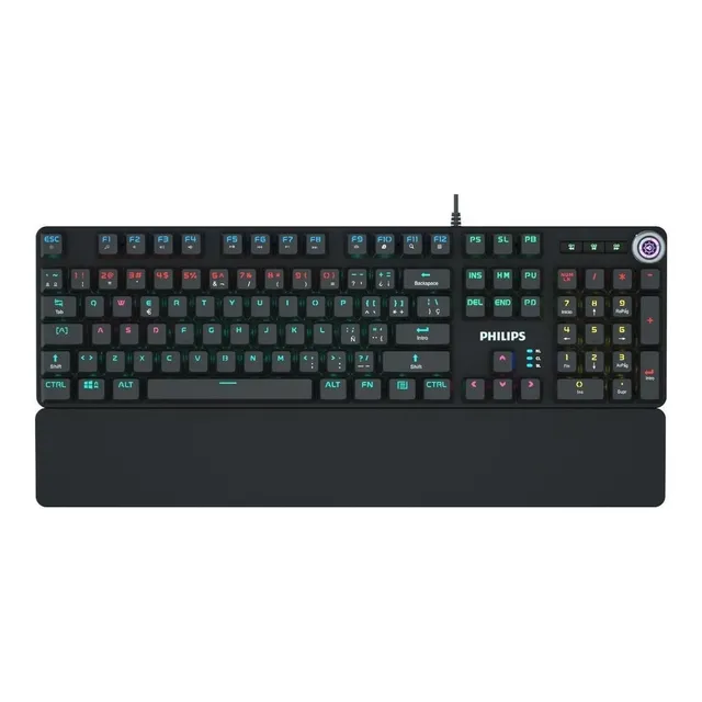 Teclado gamer Philips Serie G600 QWERTY Philips Cyan inglés US color negro con luz rainbow