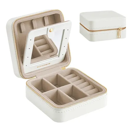 Mini Porta Jóias Viagem Pequena, Com Espelho e Ziper, Organizador Portátil, Branco