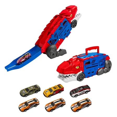Caminhão Dinossauro Com 6 Carrinhos Brinquedo Pista Corrida Lançador Garagem Dinobot Maxi Toys - VERMELHO
