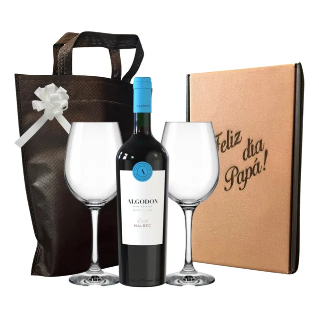 Vino Algodon Malbec + Copas. Estuche Personalizado Regalo