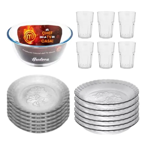 Set Kit Vajillas Platos Vasos 18pz Vidrio Con Ensaladera