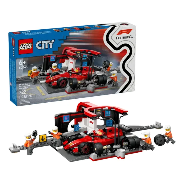 Kit de construcción Lego City Parada de F1® y equipo de boxes con coche Ferrari 60443