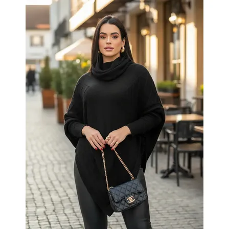 Blusa Poncho Tricot Assimétrico Alongado Manga Longa Suéter Preto Único