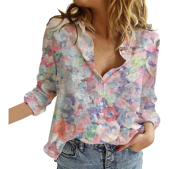 Camisa Lino Boton Para Mujer Blusa Casual Manga Larga Talla