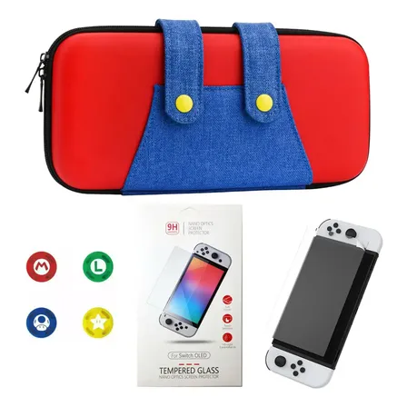 Case Nintendo Switch Oled Mario + 4 Grips + Película Vidro Preto