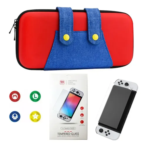 Case Nintendo Switch V1 V2 Mario + 4 Grips + Película Vidro