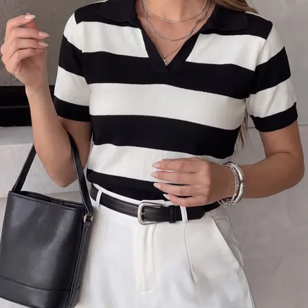 Blusa Feminina Listrada Tricot Modal Manga Curta Inverno Preto/branco Único