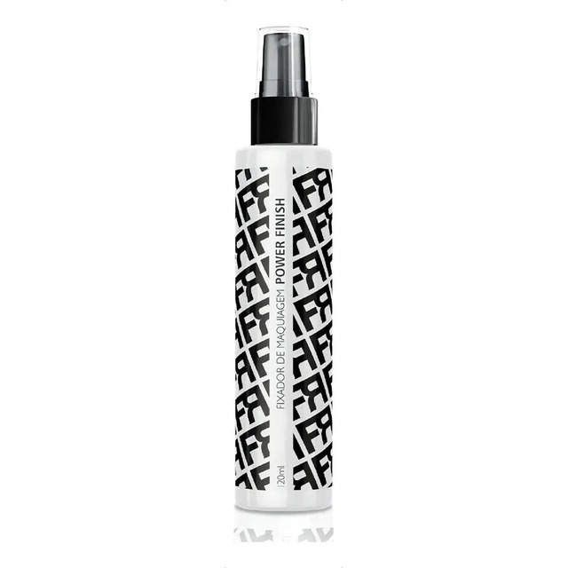 Frasco cilíndrico branco de fixador de maquiagem Power Finish Fran by Franciny Ehlke com tampa preta e estampa geométrica preta
