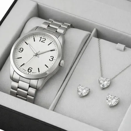 Kit Relógio Feminino Prata De Pulso Colar Par Brincos Moda Prata