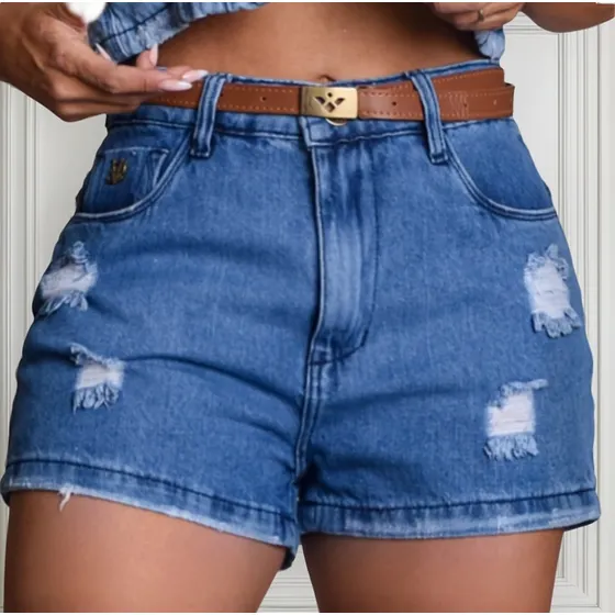 Short Jeans Destroyed Cintura Alta Empina Bumbum Com Cinto
