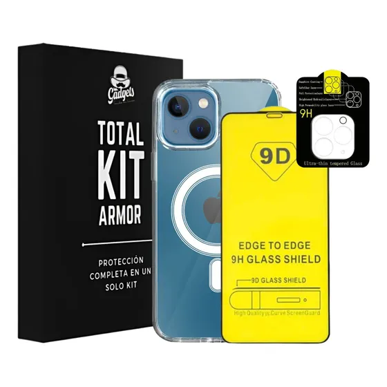 Mr. Gadgets Total Kit Armor Funda Transparente Magnética Con Animación + Mica Pantalla Completa Cristal Templado 9d + Mica Cámara Proteccion Completa Para iPhone Magsafe 3 En 1 Compatible iPhone 13