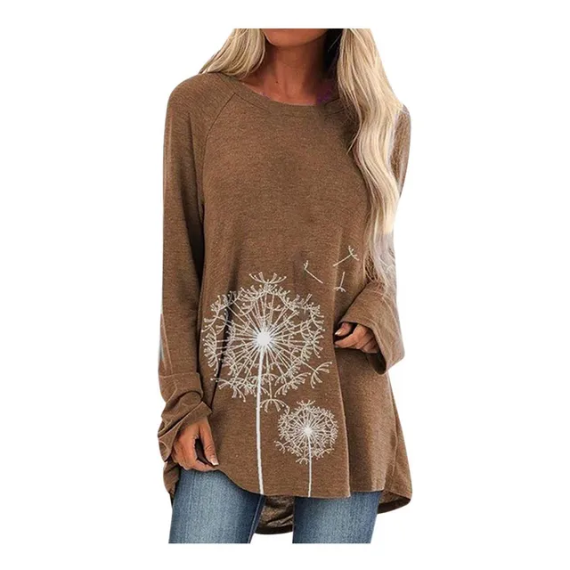 Camiseta Manga Larga Estampado Floral Cuello Redondo Suelta