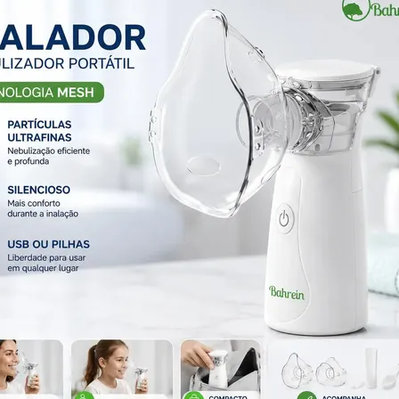 Nebulizador Inalador Portátil Marca Bahrein Sem Fio A Pilha Ou Cabo Usb Cor Branco Com Azul Compacto Mesh Bivolt Nebulizador Com Rede Vibratória Aparelho Para Inalação Inalador Silencioso 127/220v