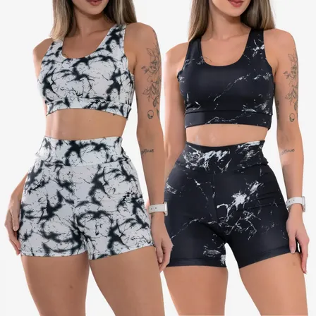 Kit 2 Conjunto Academia Feminino Tye Die Shorts, Top Fitness