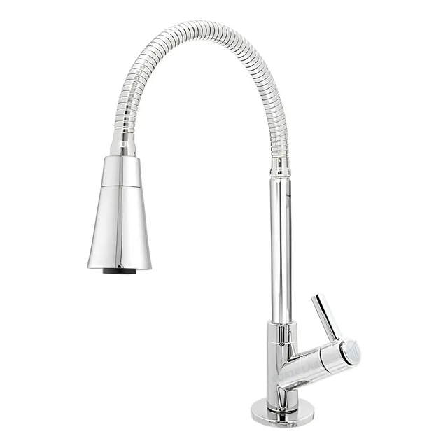 Torneira Cozinha Gourmet Pia Bancada Tubo Flexível Cone 2 Jatos Chuveirinho Arejador Cromado Acabamento Brilhante Cor Prateado