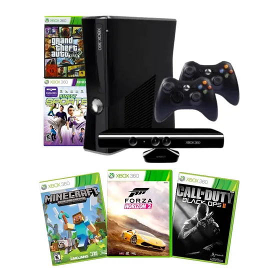 Xbox 360 Com 2 Controles 1 Kinect 500gb Com Varios Jogos