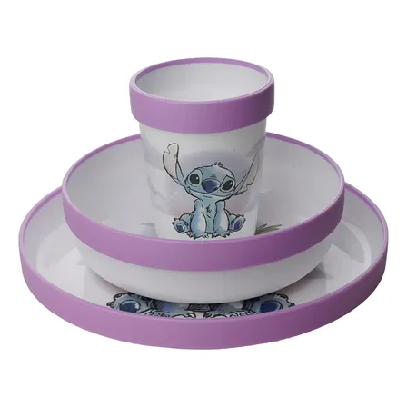 Set Alimentación Plato Vaso Bowl Antideslizante Stitch Stitch