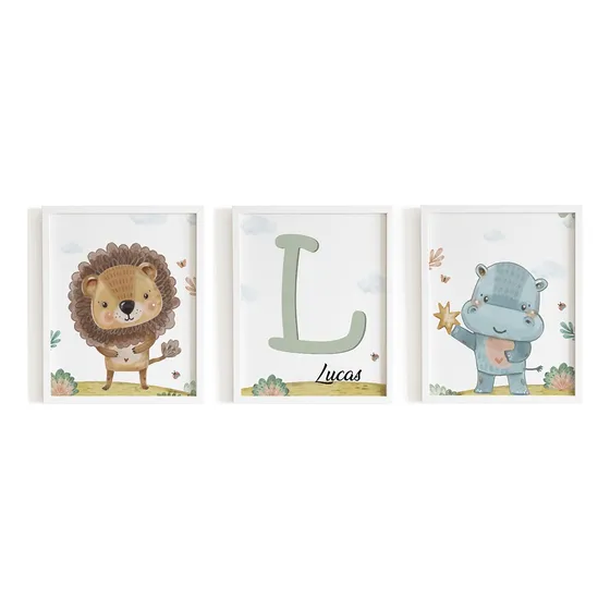 Set 3 Cuadros Infantil Decoración Animales Salvajes Tiernos 