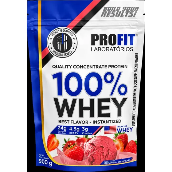 100% Whey Quality Proteína Concentrada 900g Refil Morango - Profit Laboratórios