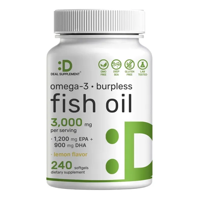 Fish Oil Omega 3 3000mg Con 240 Softgels Hecho En Usa Sabor Limón