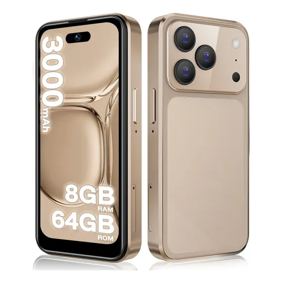 Mini Smartphone Xgody I17 Android 11 HD 3.75'' Pantalla Dual SIM 8GB RAM 64GB ROM 3000 mAh Standby Red 3G,Mini Teléfono Inteligente Reconocimiento Facial Dual Camera 8MP+5MP Wifi Bluetooth GPS Oro