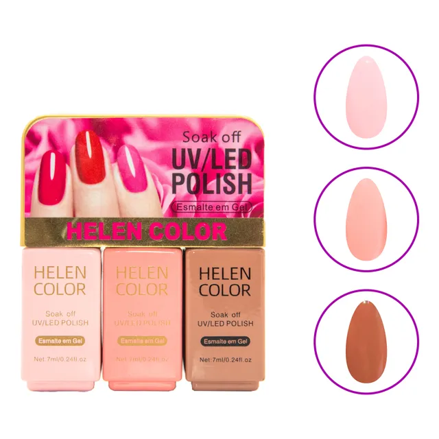 Kit Esmalte Helen Color Em Gel 3 Cores 21ml Uv/led Manicure