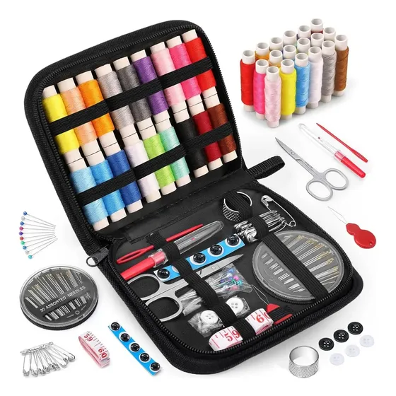 Set De Costura Estuche Agujas Hilos Accesorios Tijera Hilos Negro