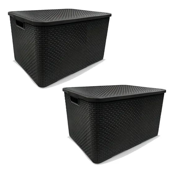 Kit 2 Caixas Organizadoras Rattan 15 Litros Com Tampa Preta