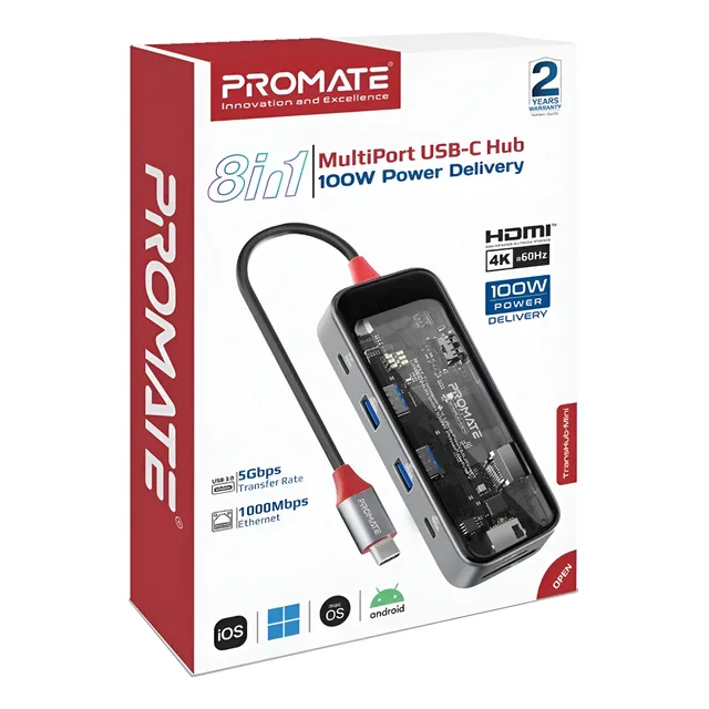 Hub 8 En 1 Promate Puertos Hdmi/lan/usb-c/usb 5.0/sd 4k 100w