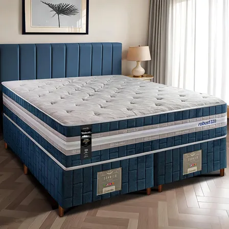 Cama Box Queen Colchão Robust 220 + Box 158x198x70 Molas Ensacadas e Espuma D45 Cama inBox