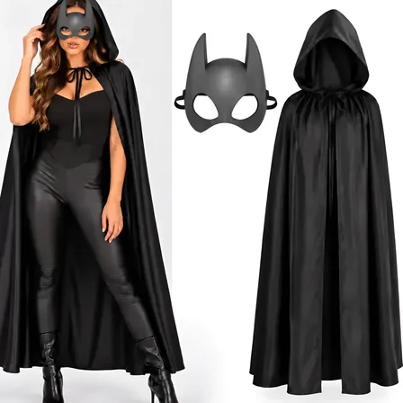Kit Fantasia Mulher Gato Halloween Carnaval Mascara E Capa Preto 1,60 Cm
