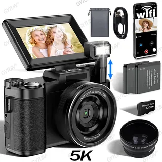Gytuiv - Cámara Digital 5k Wifi Para Fotografía, Lleva Un Objetivo Gran Angular, Vlogging Uhd De 64 Mp, Enfoque... Negro
