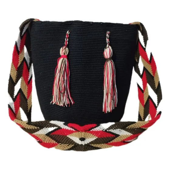 Mochila Wayuu Únicolor Grande Original Negra 