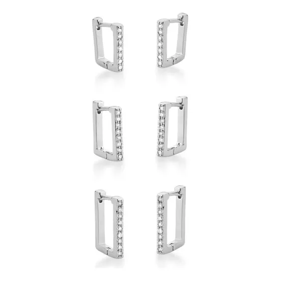 Trio Brinco Argola Retangular  Cravejada Ródio Branco 