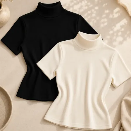 Kit 2 Blusas Feminina Canelada Gola Alta Ribana Básica Preto/off-white Liso Único: 36 A 42