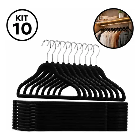 Kit 10 Cabides De Veludo Adulto Fino Antideslizante Roupas Preto