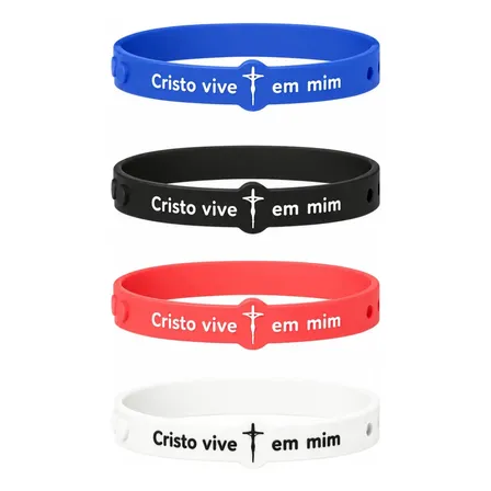 Kit 4 Pulseira Silicone Cristo Vive Em Mim Evangélica Branco-azul-vermelho-preto 22 Cm