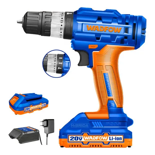 Taladro Atornillador Wadfow C/percutor + 2 Baterías 20v 10mm Color Azul