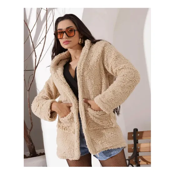 Blazer Casaco Teddy Com Pelos Moda Outono Inverno Blogueira