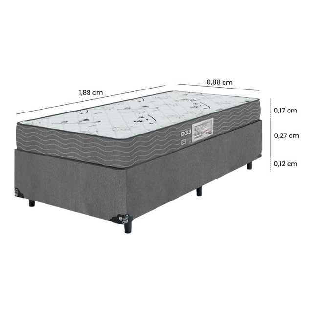 Cama Box Solteiro + Colchão D33 One Face - Suede Cinza Cama Box Solteiro + Colchão D33 One Face - Suede Cinza