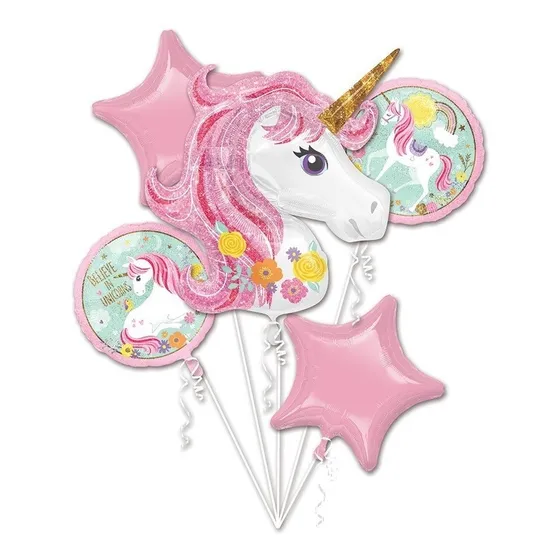 Ramillete Globos Unicornio Magico Rosa Fiesta Jumbo Bqt 5pz