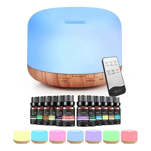 Difusor De Aceites Esenciales De 500ml, Humidificador De Difusión De Aromaterapia Ultrasónica, 7 Colores De Luces, 2 Niveles De Niebla, 3 Temporizadores, Control Remotoesencias Aceite