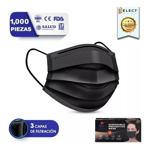 Tapabocas 1000 Pzs Cubrebocas Plisado Tricapa Termosellado Color Negro