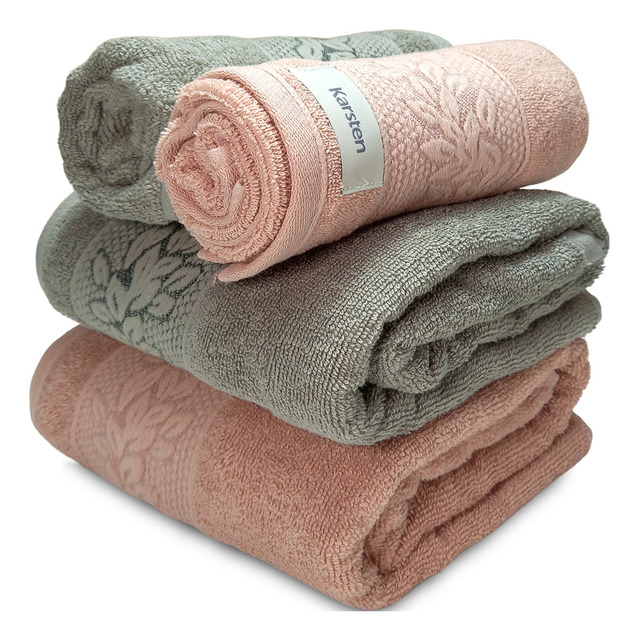 Jogo Banho Karsten Provence 100% Algodão Barra Jacquard 4 Cor Verde Salmão Lisa Jogo Banho Karsten Provence 100% Algodão Barra Jacquard 4 Cor Verde Salmão Lisa