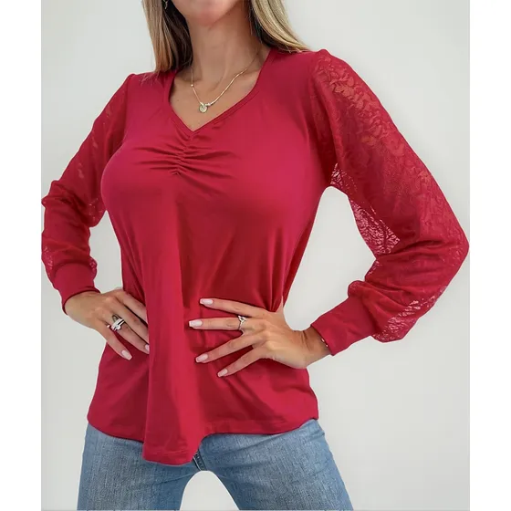 Blusa Mujer Elegante Manga Larga Encaje Fiesta Talle Especia