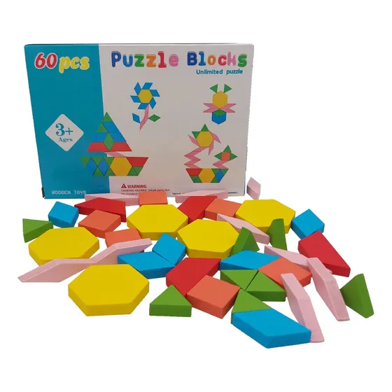 Puzzle Rompecabezas Tangram Geométrico De Madera 60 Piezas 