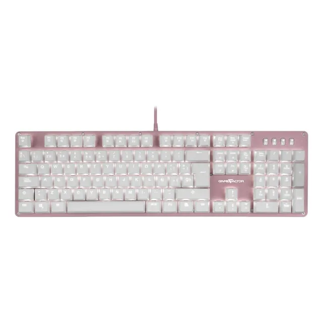 Teclado gamer Game Factor QWERTY KRED Red español España color rosa con luz blanca