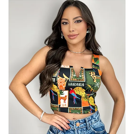 Top Cropped Decote V Alça Estampa Estilo Farm Moda Feminina