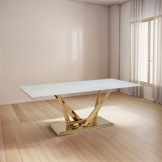Mesa Comedor Rectangular Simil Marmol Base Dorada 2 Mt